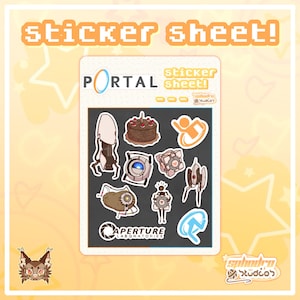 May include: A Portal sticker sheet featuring various game-themed illustrations including a chocolate cake, a companion cube, a turret, and the Aperture Laboratories logo. The sheet includes the text Portal, sticker sheet, and Aperture Laboratories.