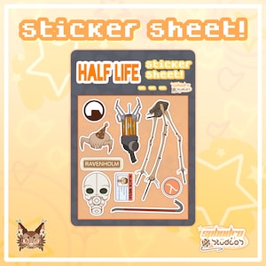 May include: A Half-Life sticker sheet featuring various game-themed designs including a gravity gun, a headcrab wearing a party hat, a crowbar, a Black Mesa ID badge, a gas mask, the Lambda symbol, and a strider on a dark gray background.