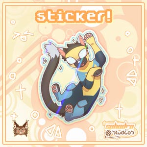 May include: A sticker featuring a stylized cat character with yellow and dark blue fur, wearing a mask, and posing dynamically. The word sticker! is printed at the top, and the text sphodro studios with a yarn ball icon is in the bottom corner.