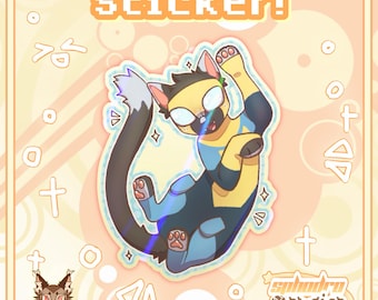 May include: A sticker featuring a stylized cat character with yellow and dark blue fur, wearing a mask, and posing dynamically. The word sticker! is printed at the top, and the text sphodro studios with a yarn ball icon is in the bottom corner.