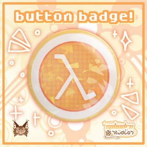 May include: A circular button badge featuring a white lambda symbol centred on an orange background with a grid pattern. The text "button badge!" appears at the top, and a small logo for "sphodro studios" is located in the bottom right corner.