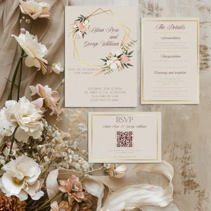 Könnte beinhalten: Hochzeitseinladungs-Set in Beige mit goldenen Akzenten. Die Haupteinladung zeigt die Namen "Lilian Rose und George William" und florale Designs. Enthält RSVP- und Detailkarten, ideal für eine Hochzeit.