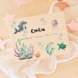 Könnte beinhalten: Holztafel mit Unterwassermotiv, darunter ein Delfin, eine Qualle und eine Schildkröte. Der Name "Emilia" ist abgebildet, zusammen mit Datum, Uhrzeit, Gewicht und Größe (52 cm). Verziert mit Aquarellillustrationen und Blasen.