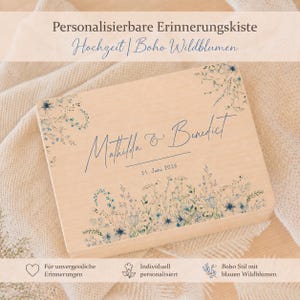 Erinnerungskiste Hochzeit personalisiert mit Namen | Holzkiste Wildblumen Blau | Hochzeitsgeschenk Brautpaar 2026 | Something Blue Box