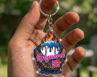 Custom Baseball Glove Keychain, Flaming Baseball Drip Bag Tag, Personalized Name Number Sports Keyring, Softball Team Gift Accessory
