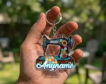 Personalized Sewing Machine Keychain, Stained Glass Floral Bag Charm, Custom Name Quilter Gift, Crafter Seamstress Keyring