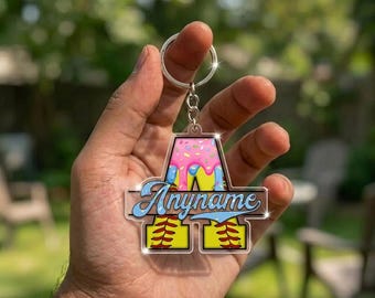 Custom Softball Initial Keychain, Personalized Name Bag Tag, Pink Drip Sprinkles Acrylic Keyring, Girls Sports Gift, Team Accessory