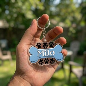 Personalized Pet Name Keychain, Custom Dog Bone Acrylic Charm, Puppy Paw Print Keyring, Pet Lover Gift, Blue Dog Bone Bag Tag Accessory