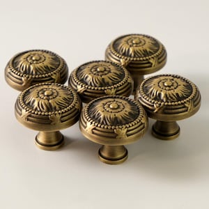 Antique Brass Unique Cabinet Knobs | Antique Gold Dresser Knobs | Aged Brass Drawer Knobs | Floral Knob Pull | European Cabinet Hardware