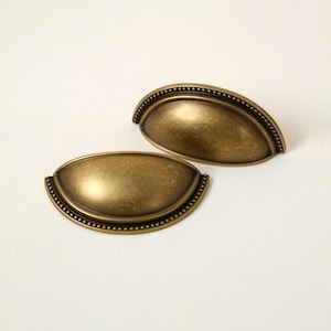 Antique Brass Drawer Cup Pulls | Kitchen Drawer Pulls | Cabinet Bin Pulls | Finger Pulls | Dresser Pulls | Countryside Cabinet Hardware