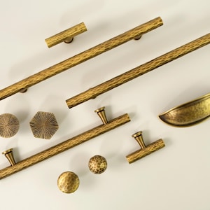 Hammered Solid Brass Cabinet Hardware, Antique Brass Drawer Pulls and Knobs, Aged Brass Cup Pulls, Modern Vintage Kitchen Handles