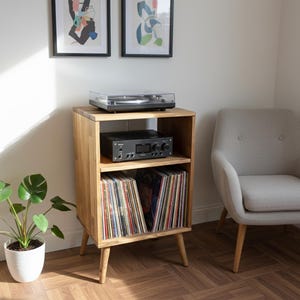 Soporte de madera maciza para discos de vinilo con almacenamiento, estante organizador de discos LP, gabinete de madera para vinilos para el hogar moderno y colección de música