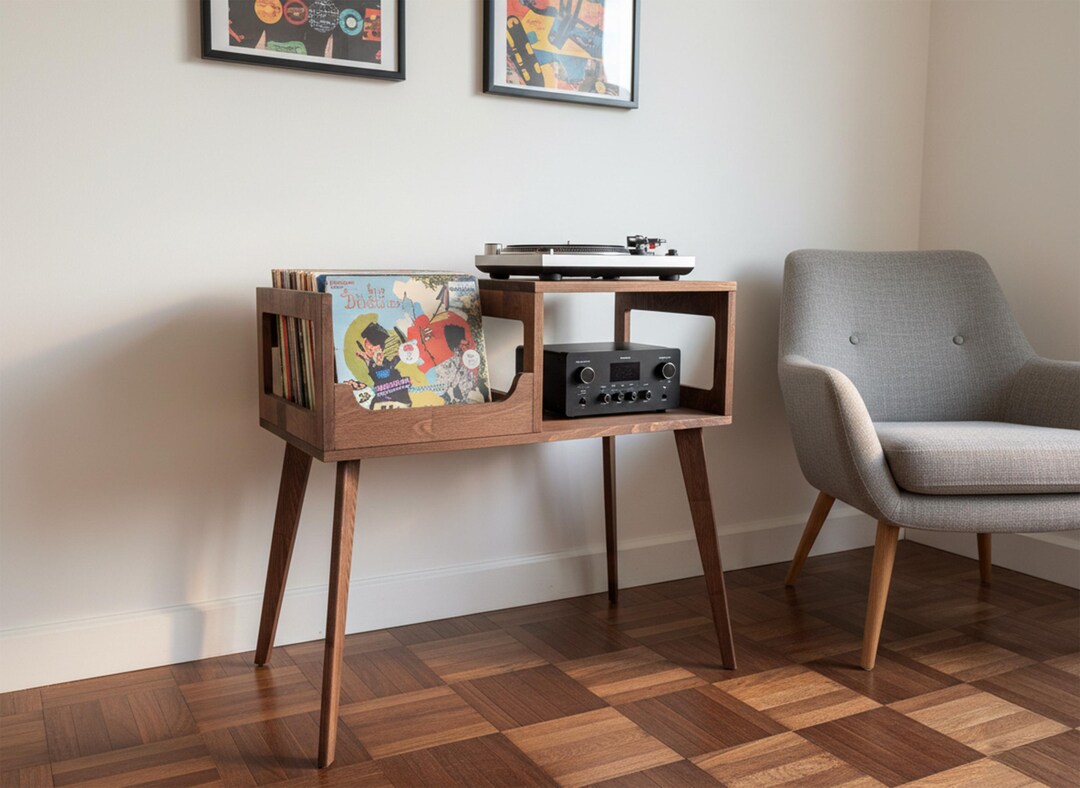 Mid Century Modern Record Player Stand With Vinyl Record Storage, Solid ...