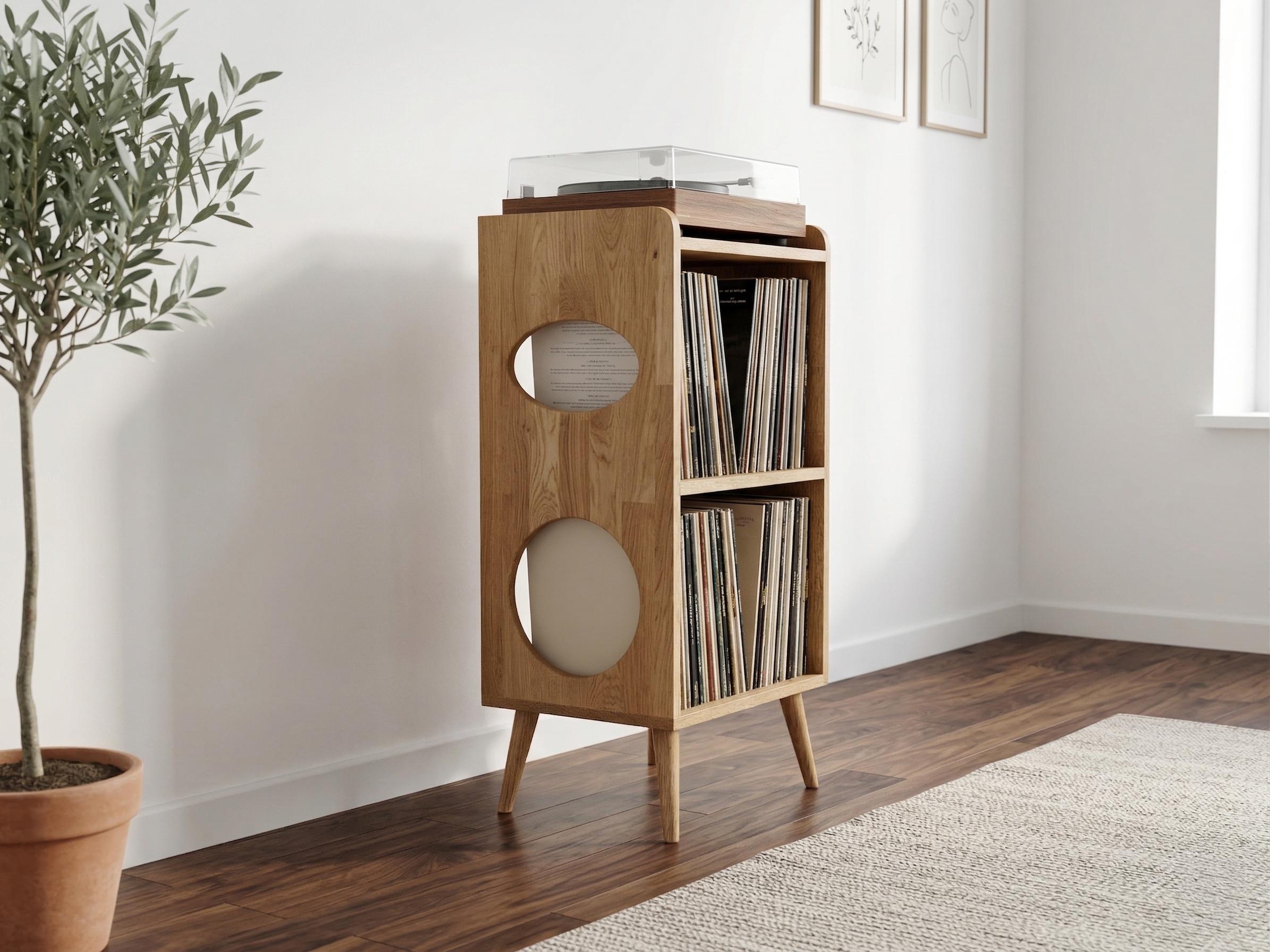 Oak Wood Record Player Stand Vinyl Storage Cabinet Turntable Stand Mid ...