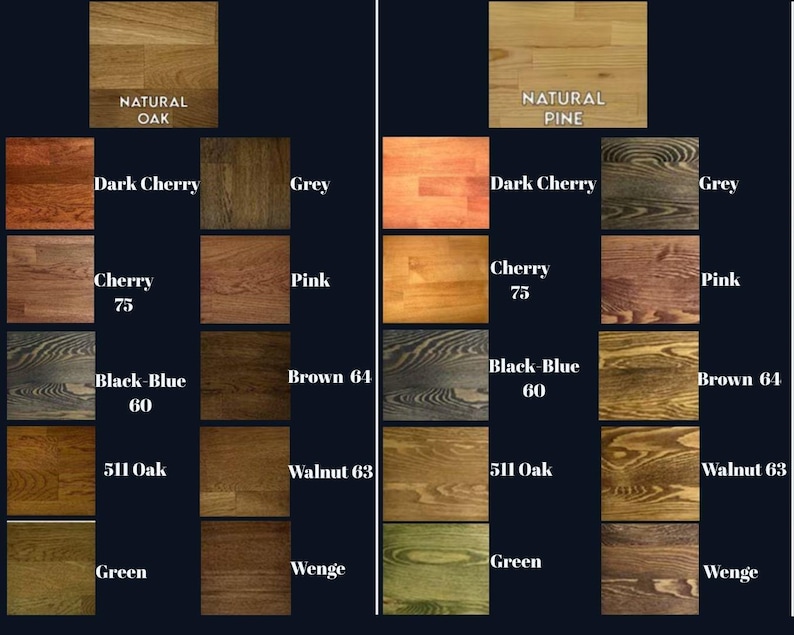 Op de afbeelding: Een kleurenkaart met houtbeitsmonsters. De kaart bevat verschillende tinten zoals Naturel Eik, Donkere Kers, Grijs, Roze, Zwart-Blauw 60, Bruin 64, 511 Eik, Walnoot 63, Groen en Wenge. De tekst "NATURAL OAK" wordt bovenaan weergegeven.