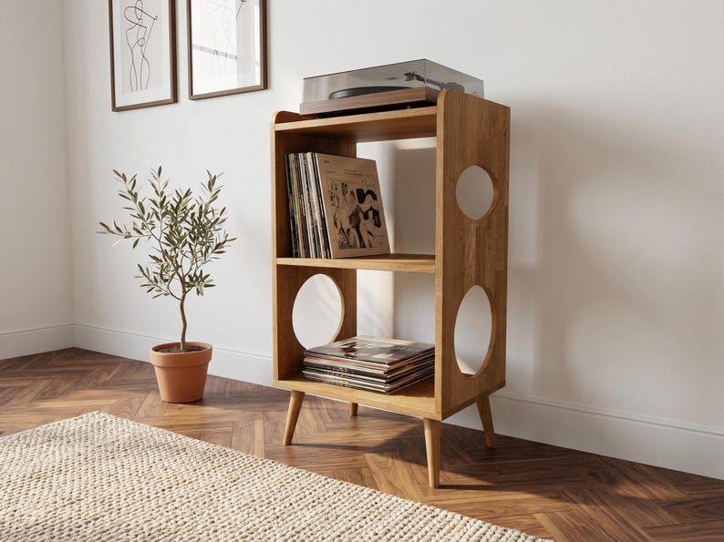 Oak Wood Record Player Stand Vinyl Storage Cabinet Turntable Stand Mid ...