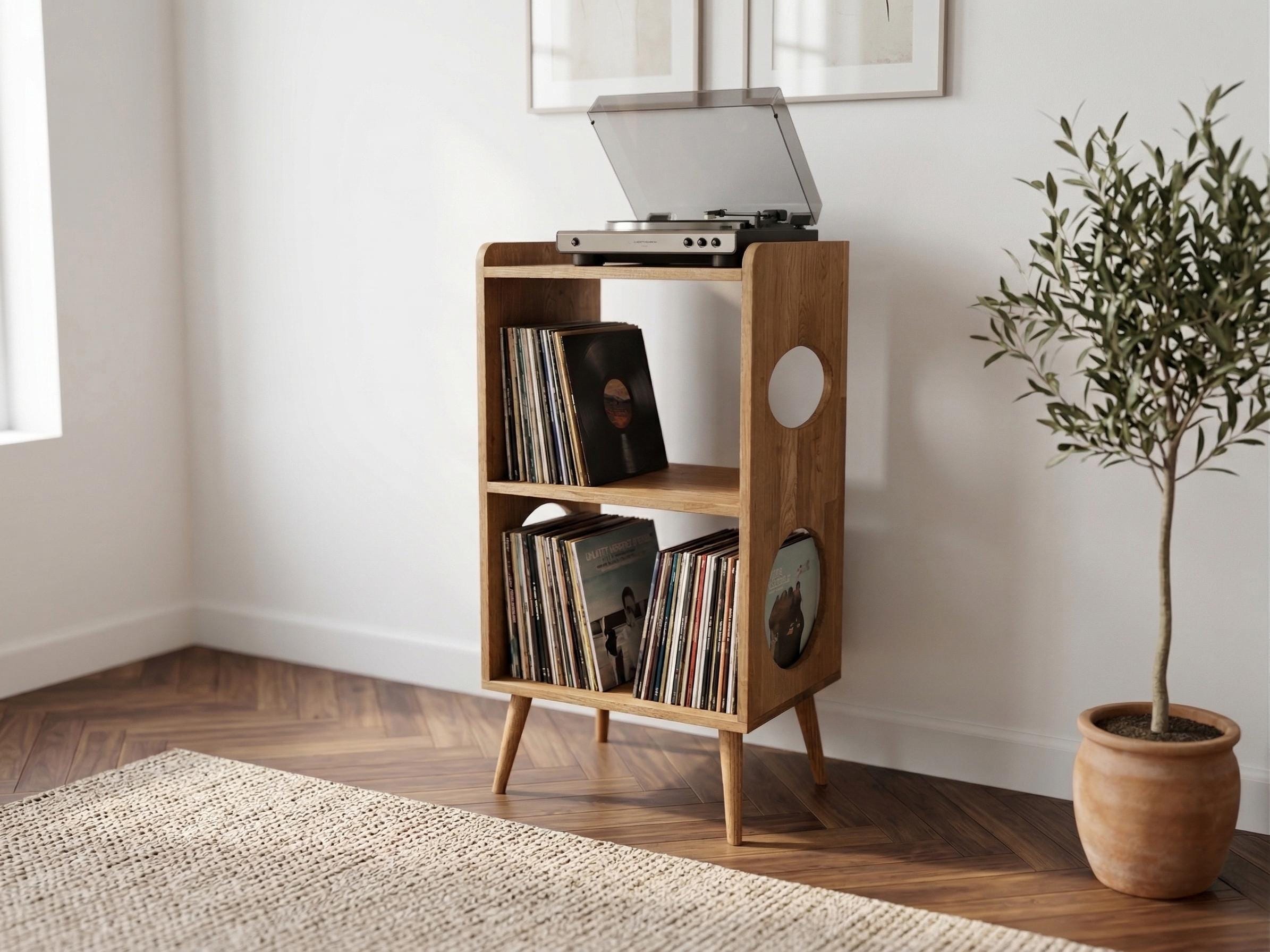 Oak Wood Record Player Stand Vinyl Storage Cabinet Turntable Stand Mid ...