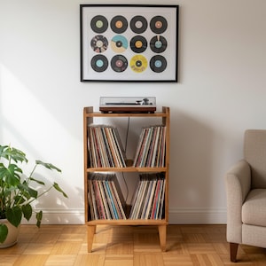 May include: A wooden record shelf with a turntable on top, filled with vinyl records. A framed print of vinyl records hangs above. A potted plant with large green leaves sits to the left, and a beige armchair is on the right.