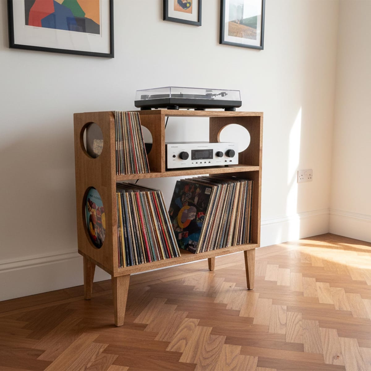 Mid Century Modern Record Player Stand with Vinyl Record Storage, Solid Wood Turntable Console Cabinet, LP Storage Furniture for Home Audio