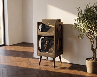 Schallplattenschrank, Plattenspielerständer, LP-Aufbewahrungsschrank, moderner Schallplattenhalter aus der Mitte des Jahrhunderts, Plattenschrank aus Massivholz