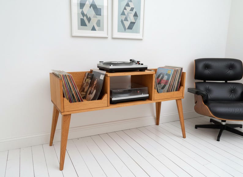 Handmade Solid Wood Record Player Stand With Vinyl Storage, Mid Century ...