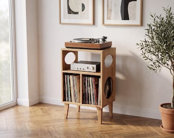 Soporte para tocadiscos de madera de roble, mueble para guardar vinilos, consola para tocadiscos, mueble multimedia de estilo moderno de mediados de siglo, muebles de audio de madera maciza, a medida
