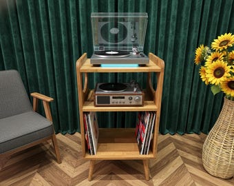 ミッドセンチュリー木製レコードプレーヤースタンド – ビニール収納