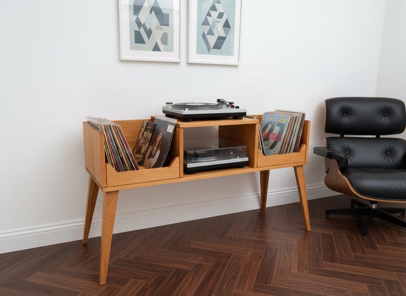 Handmade Solid Wood Record Player Stand With Vinyl Storage, Mid Century ...