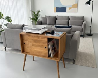 Wood Record Player Stand with Vinyl Storage, Solid Turntable Console Table, Mid-Century Design for Music Lovers, Modern Living Rooms