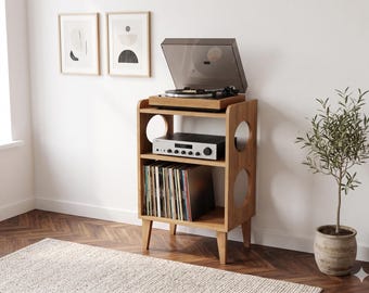 Soporte para tocadiscos, mueble para guardar discos de vinilo, soporte para tocadiscos, consola multimedia de madera maciza, almacenamiento de LP de estilo moderno de mediados de siglo, muebles de audio