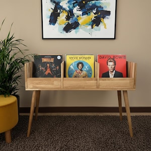 Soporte para discos de vinilo con almacenamiento para tocadiscos – Consola para LP de roble macizo y pino, estilo mediados de siglo, soporte para discos de vinilo, almacenamiento de discos de vinilo