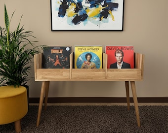 Vinylplatenstandaard met opbergruimte voor platenspeler – massief eiken en grenen LP-console, stijl uit het midden van de eeuw, vinylplatenhouder, opbergruimte voor vinylplaten