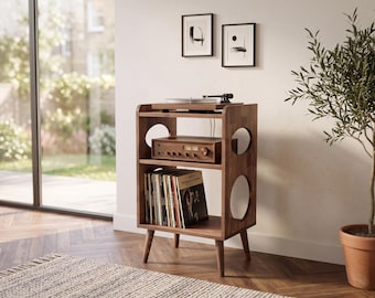 Mid Century Record Player Stand with Vinyl Storage – Wooden Turntable Console, Retro Record Cabinet, Vinyl Holder & LP Storage Unit