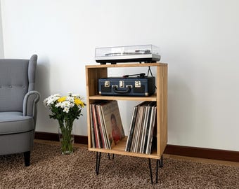 Solid Oak Record Player Stand with Vinyl Storage – Handmade Wooden Turntable Console, Mid Century LP Holder, Retro Oak Vinyl Record Cabinet