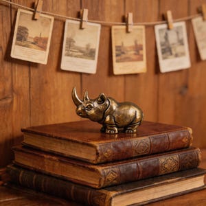 Puede incluir: Una figura de rinoceronte de bronce descansa sobre una pila de tres libros antiguos con cubiertas de cuero marrón desgastado. Postales antiguas están sujetas a una cuerda en el fondo, creando una exhibición nostálgica.