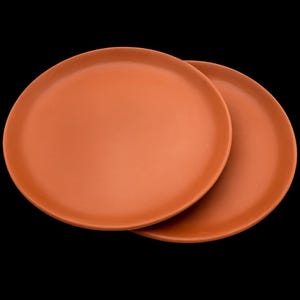May include: Two round, terracotta-coloured plates with a smooth, matte finish. The plates are stacked slightly offset, revealing the circular shape and flat surface of each piece. The colour is a consistent, earthy orange-brown throughout the items.