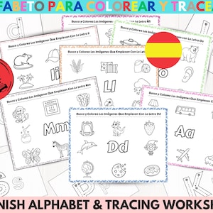 May include: A collection of Spanish alphabet tracing worksheets. Each worksheet features a letter with traceable dotted lines and corresponding images. The set includes a red circle with "54 Page PDF" text. The title "SPANISH ALPHABET & TRACING WORKSHEETS" is at the bottom.
