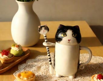 Juego de tazas de gato personalizadas: retrato pintado a mano, opciones de ojos y grabado / Cerámica