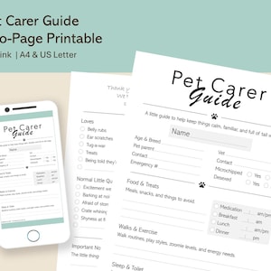 Könnte beinhalten: Ein zweiseitiger, druckbarer Haustierbetreuer-Leitfaden mit dem Titel "Pet Carer Guide" in schwarzer Schrift. Der Leitfaden enthält Abschnitte für Tierinformationen, Futter, Bewegung und Schlaf. Ein Smartphone zeigt den Leitfaden an.