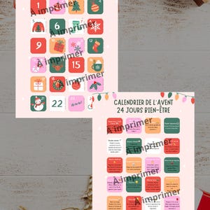 Peut inclure: Deux calendriers de l'Avent roses avec le texte "CALENDRIER DE L'AVENT 24 JOURS BIEN-ÊTRE". Les calendriers comportent des cases numérotées avec des illustrations festives. Un calendrier présente des illustrations d'un pull, d'un sapin de Noël et d'un cadeau.