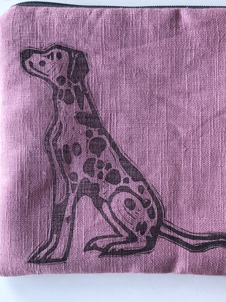 purse handmade zip pouch dalmatian print Small dalmatian make up pouch dusty pink linen block print dalmatian linen purse