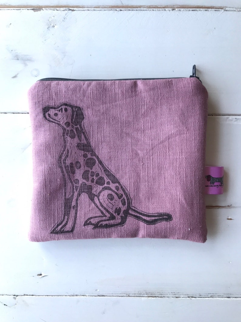purse handmade zip pouch dalmatian print Small dalmatian make up pouch dusty pink linen block print dalmatian linen purse