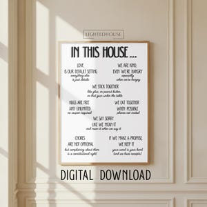 Puede incluir: Una lámina de arte mural rectangular con el texto negro IN THIS HOUSE... seguido de una lista de reglas de la casa que incluye Love is our default setting, We are kind, We stick together, Hugs are free, We eat together, We say sorry y Chores are not optional.