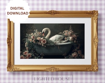 Swan Bath Art Digital Print Bathroom Wall Decor Elegant Design Vintage Style Clawfoot Tub Rose Artwork Dark Background Romantic Aesthetic