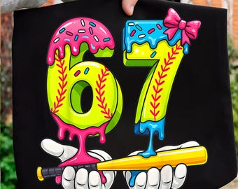 Softball 67 Ice Cream Drip Six Seven Boys Funny Meme Png, Number 67 Player Png, Funny Six Seven Png, Gen Alpha Slang Png, Funny Dripping Age