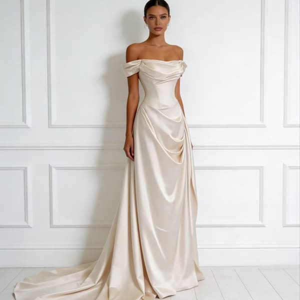 Elegant Off-the-Shoulder Satin Wedding Dress with Draped Bodice Bridal Gown