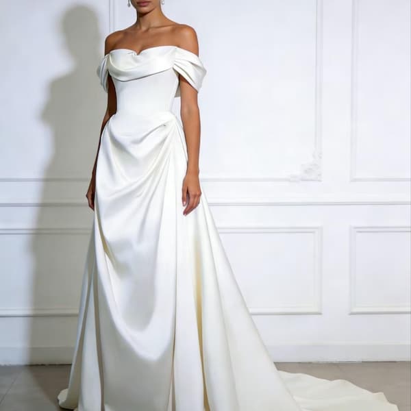 Elegant Off-the-Shoulder Satin Wedding Gown with Draped Waist Bridal Gown