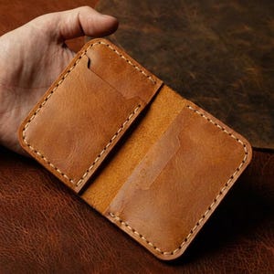 Minimalist Leather Bifold Wallet, 4 Pocket Card Holder, Palm Sized Slim Wallet, Distressed Leather Card Case, Handmade Gift for Him Her