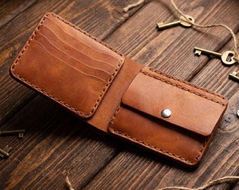 Portafoglio in pelle fatto a mano con portamonete, classico portafoglio da uomo a due ante, organizer per carte in pelle pieno fiore, portamonete con chiusura a scatto.