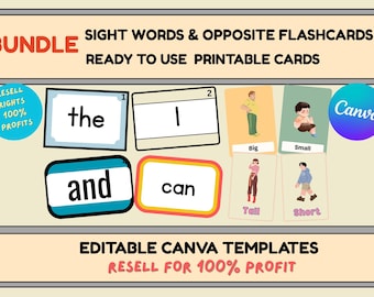 Bundle Sight Words and Opposites Flashcards | Ready to Print | Editable Printable
